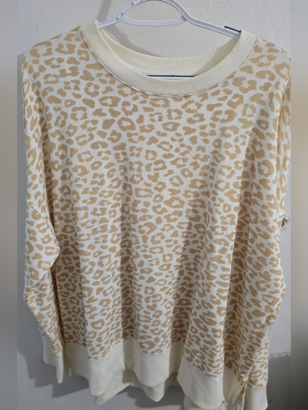 Time and Tru Cream and Tan Leopard Print Crew Neck Sweater
